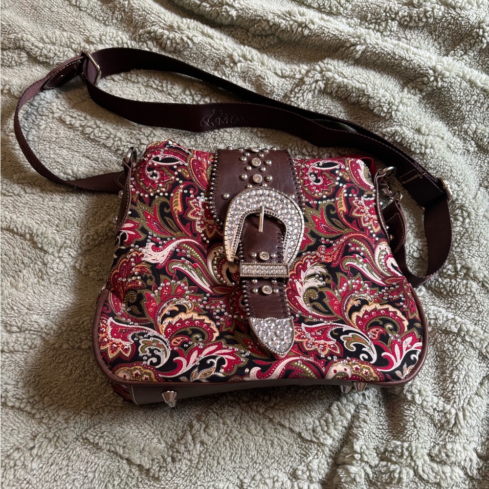 Montana West Red, Brown and Black Paisley Handbag with Rhinestone Buckle